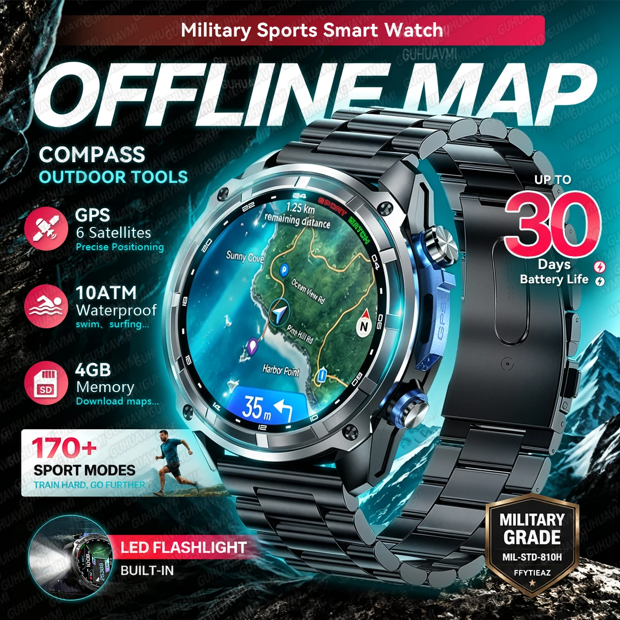 Nouvelle Montre Connectée GPS Précise 2026 pour Hommes, Carte Hors Ligne, Étanchéité 10 ATM, Boussole, Vidéo, Musique, Téléchargement d'Applications, Appel HD, Montre Sportive Militaire pour Hommes