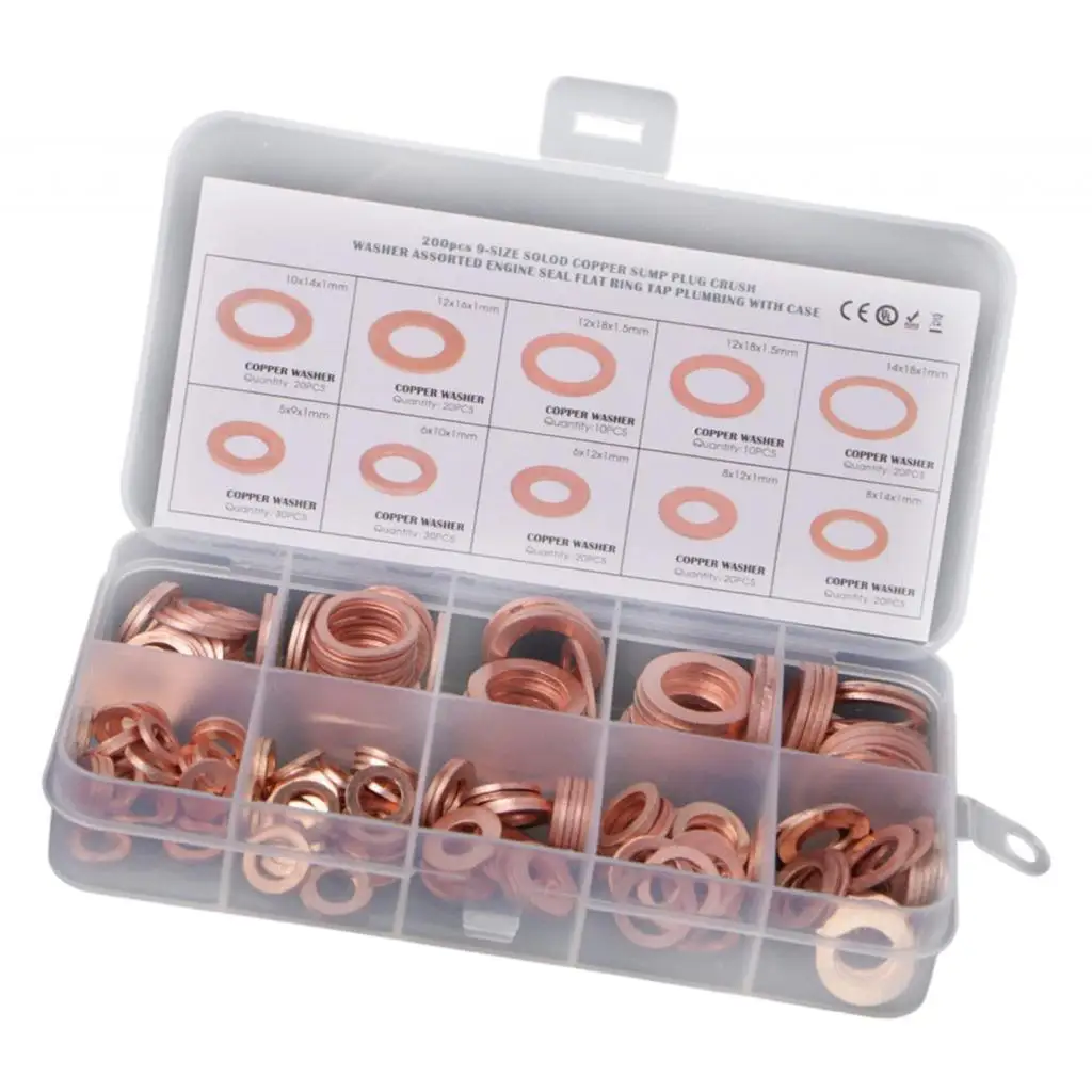 200 Pieces Copper Washer Gasket Set Crush Washer Flat Rings M5 M6 M8 M10 M14