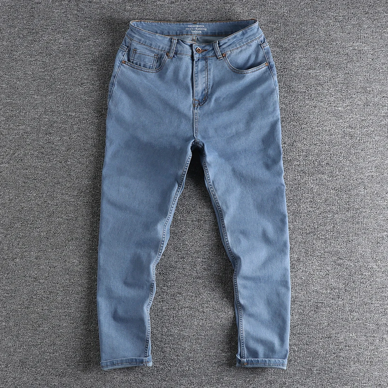 

Light Blue Washed Stretch Denim Jeans Men's American Trend Slim Straight Simple Retro Youth Long Pants Cotton Elastic Fabric