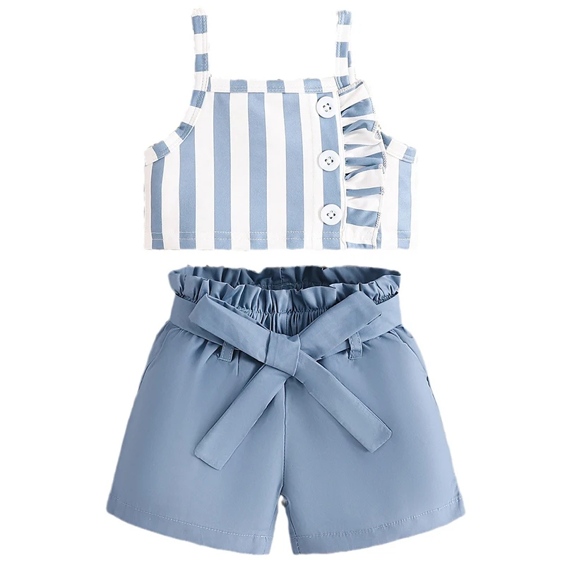 2Piece Summer Girls Clothing Sets Korean Fashion Stripe Button Sleeveless Cotton Baby Tops+Shorts Kids Boutique Clothes BC427