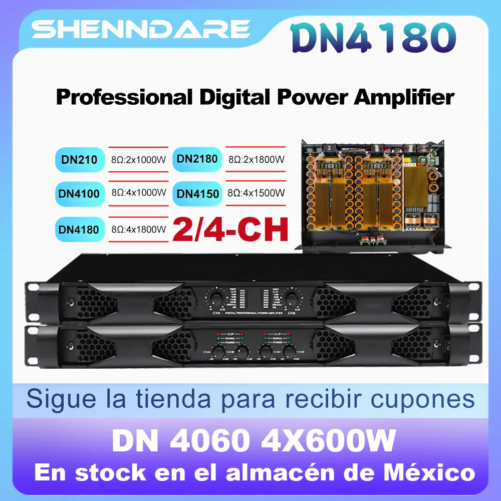 Amplificador de potencia digital profesional 4x1800W Clase D Audio estéreo DJ Pre-Subwoofer Amplificador de potencia 1U 2/4 canales Line Array Altavoz Amplificador de sonido Hogar KTV Escenario Rendimiento al aire libr