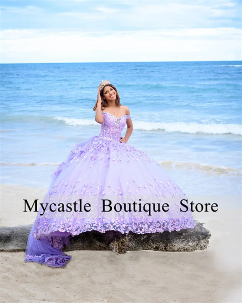 Mexico Purple Lace Sweetheart Ball Gown Quinceanera Dresses 2024 Beaded 3D Flowers Sweet 16 Dress Birthday Party Gowns Lace up