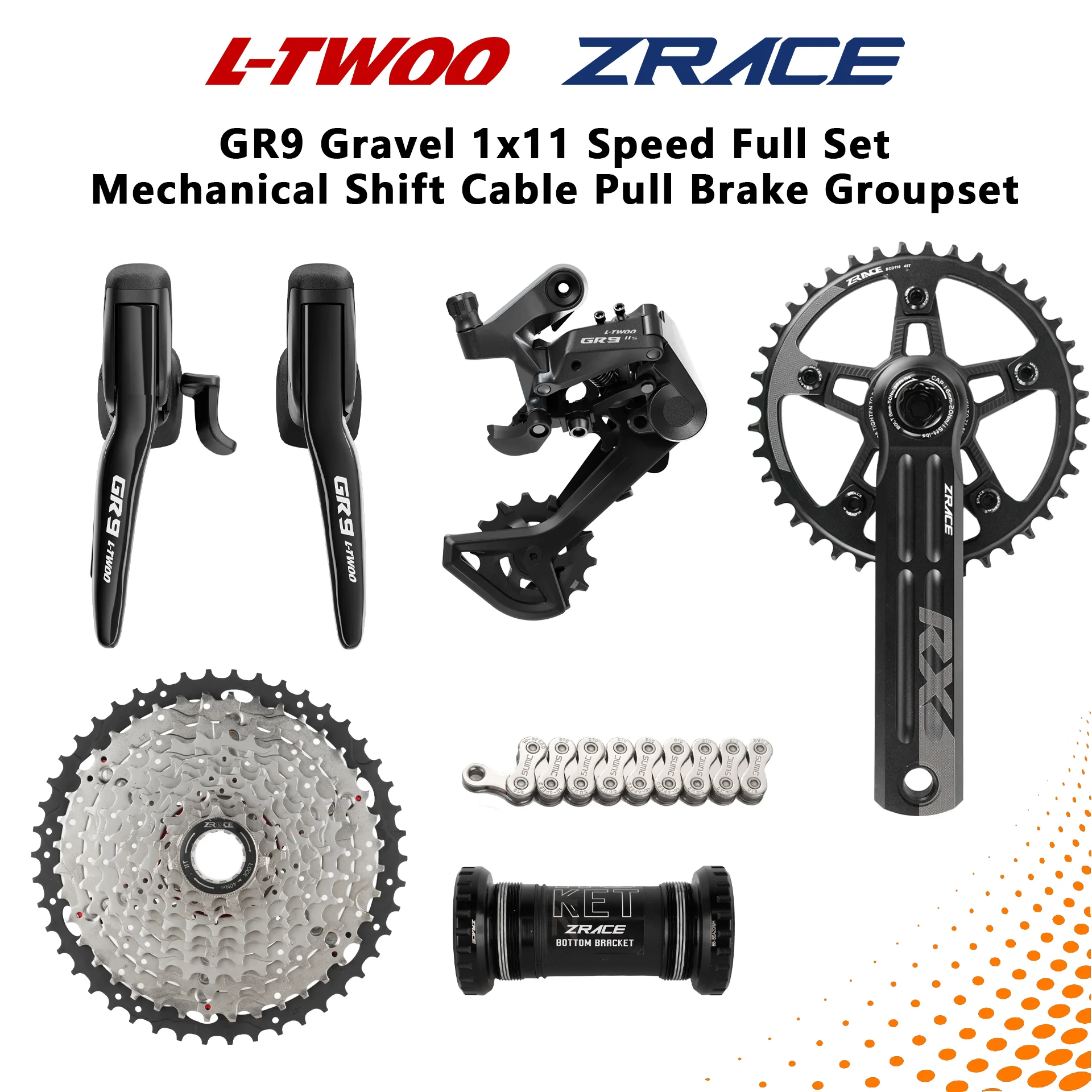 LTWOO GR9 Gravel CX Bike 1x11S Mechanische Schaltgruppe mit ZRACE Kassette, Kurbelsatz, Kette, BB, Kabelzug-Scheibenbremsen-Kit 48T 50T Optio