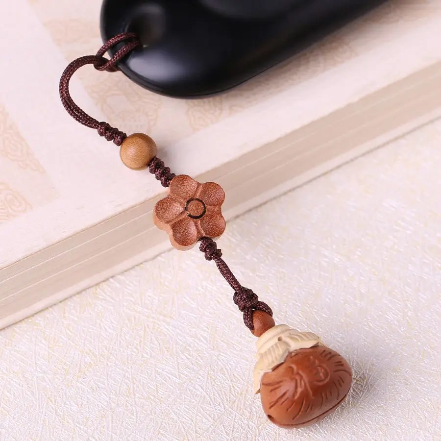 Small Vintage Wooden Bell Pendant with Fortune Character Braided Rope Keychain Phone Chain USB Drive Key Ring Gifts