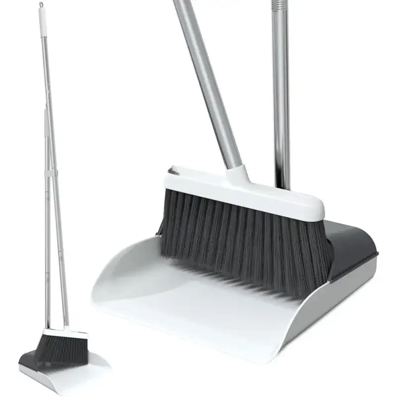 Stand Up Dustpan and Broom Set 50” Long Handle Broom with Dust Pan, 20° Angled for Ergonomic Home Office Indoor Sweeping