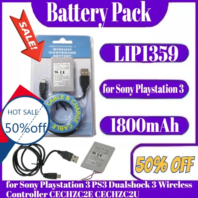 

LIP1359 Rechargeable Battery Pack+USB Cable for Sony3 PS3 Dualshock 3 Wireless Controller CECHZC2E CECHZC2U 1800mAh