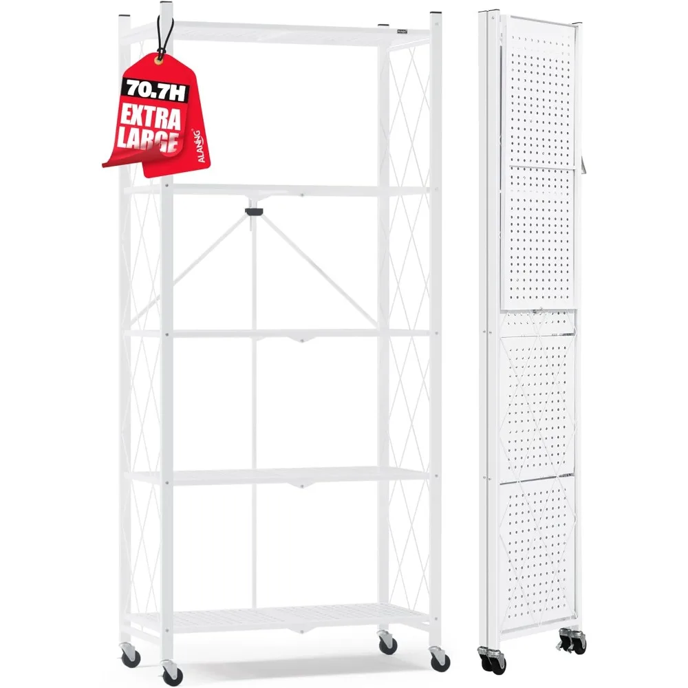 

70.7" H Metal Storage Shelves, 5 Tier Folding Shelf on Wheels, Heavy Duty, No Assembly, Rolling, Collapsible Rack Unit for Kitch