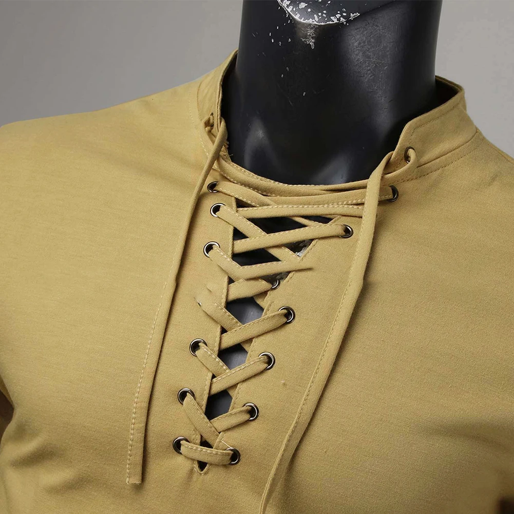 Fashionable Lace Up Pullover T Shirt  V Neck Muscle Tops Blouse  Khaki  Polyester  Mens Long Sleeve Activewear