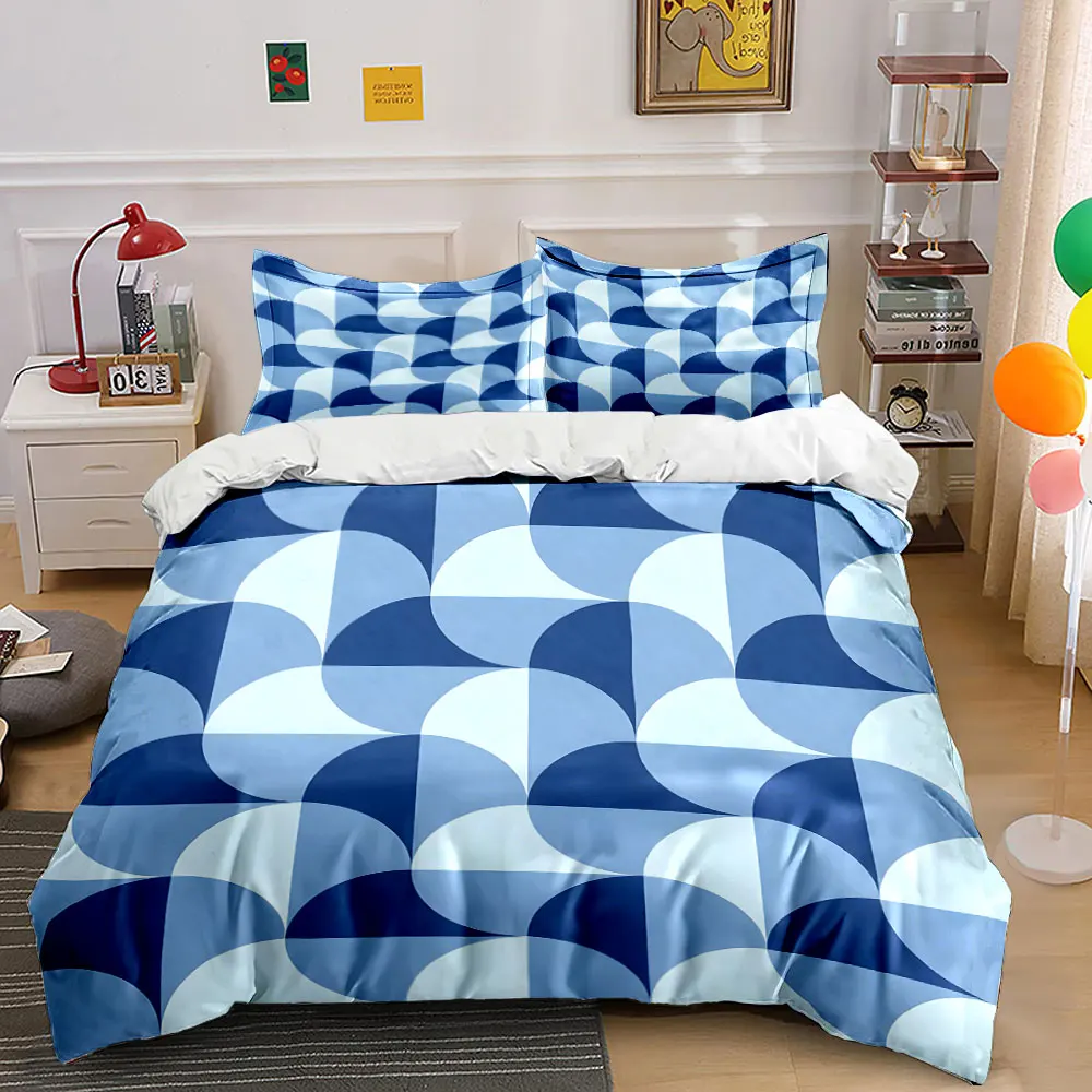 3pcs Blue Curved Geometric Pattern Duvet Cover Set with 3D Printing Design Soft Polyester Bedding Set All-Season Comfort