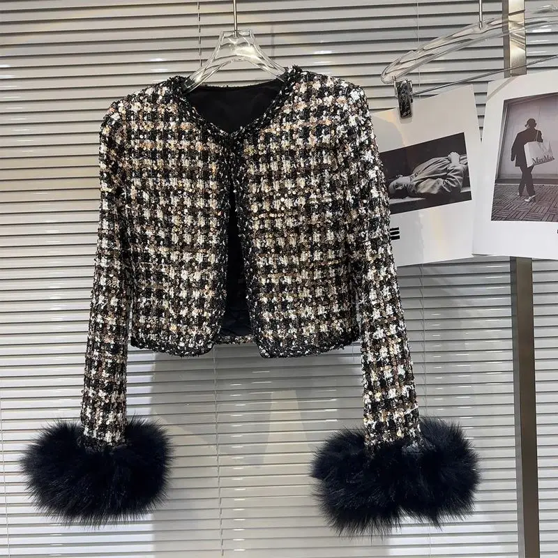 

2026 Spring Autumn Women Jacket Coat New Woolen Cuff Shining Coarse Floral Cotton Coat