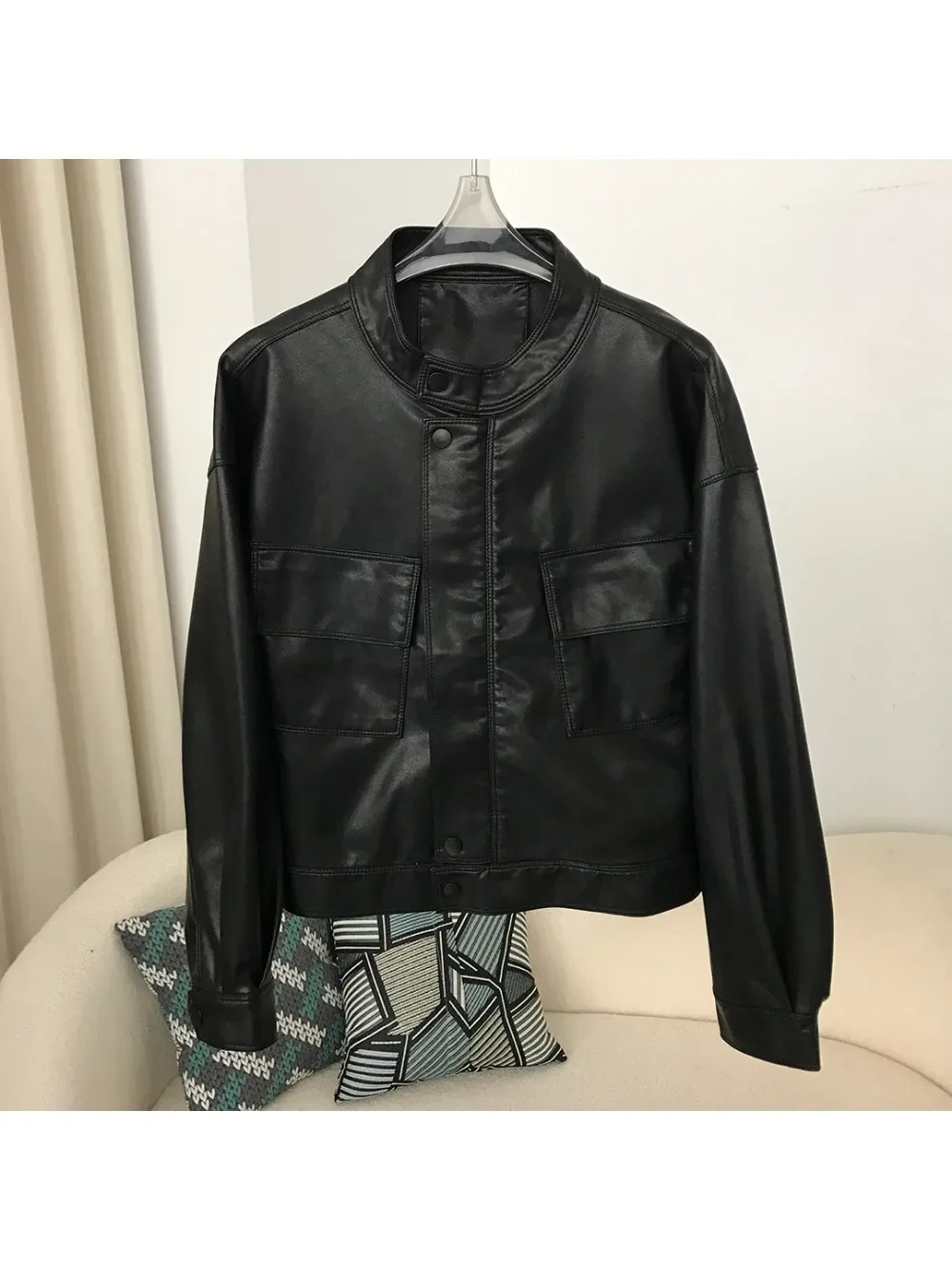 2024 Vintage Sheepskin Pu Leather Coat Short Faux Leather Jacket Spring Autumn Women Motorcycle Female Loose Zipper Outwear