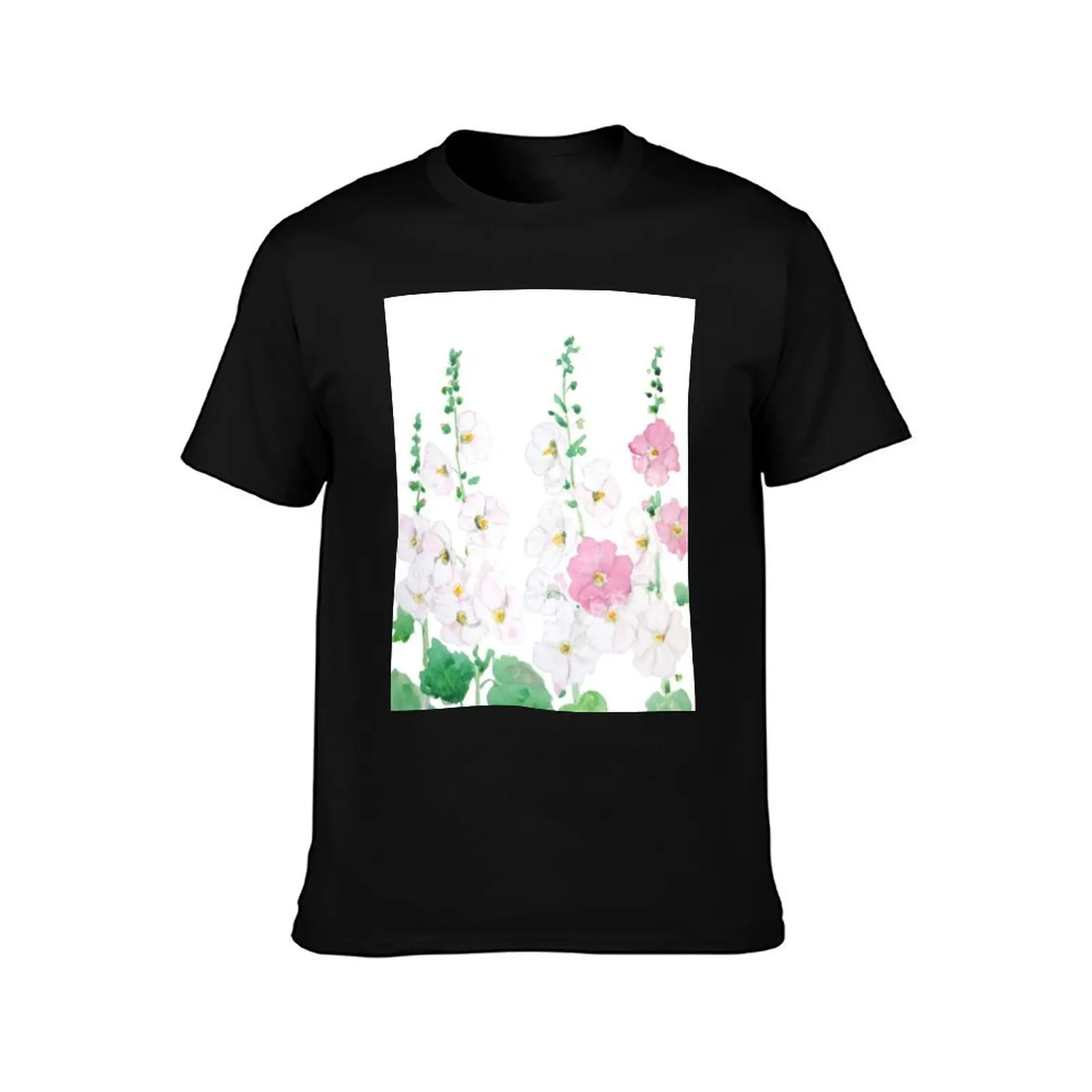 hand painted pink and white hollyhocks flowers watercolor T-Shirt plain new edition kawaii clothes mens designer clothes