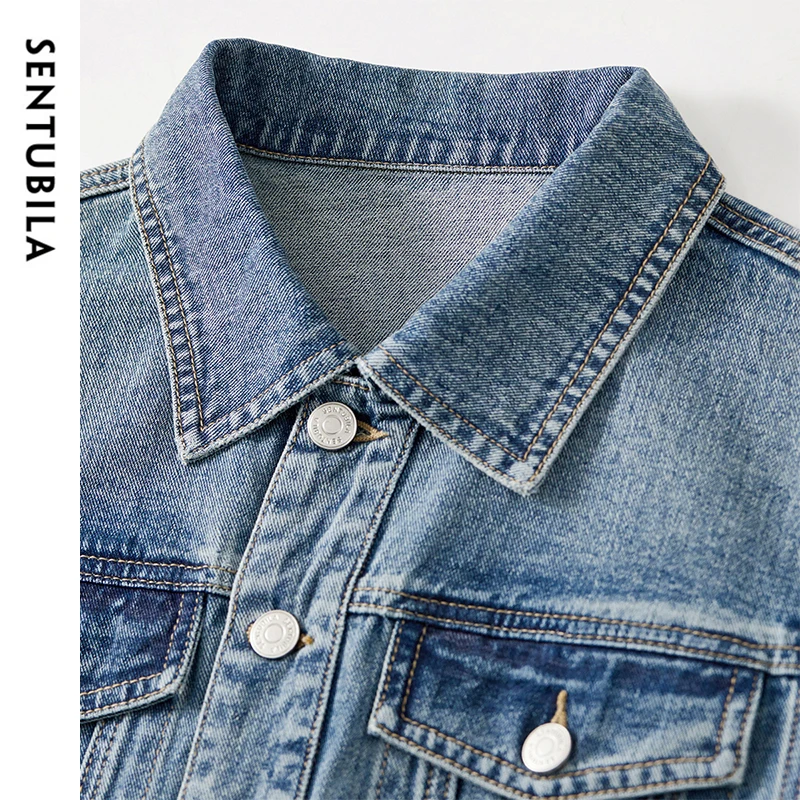 SENTUBILA 100% قطن فساتين من قماش الدنيم للنساء 2025 ربيع خريف خمر موضة غسلها الدنيم زر فستان قصير مع حزام W51L58769