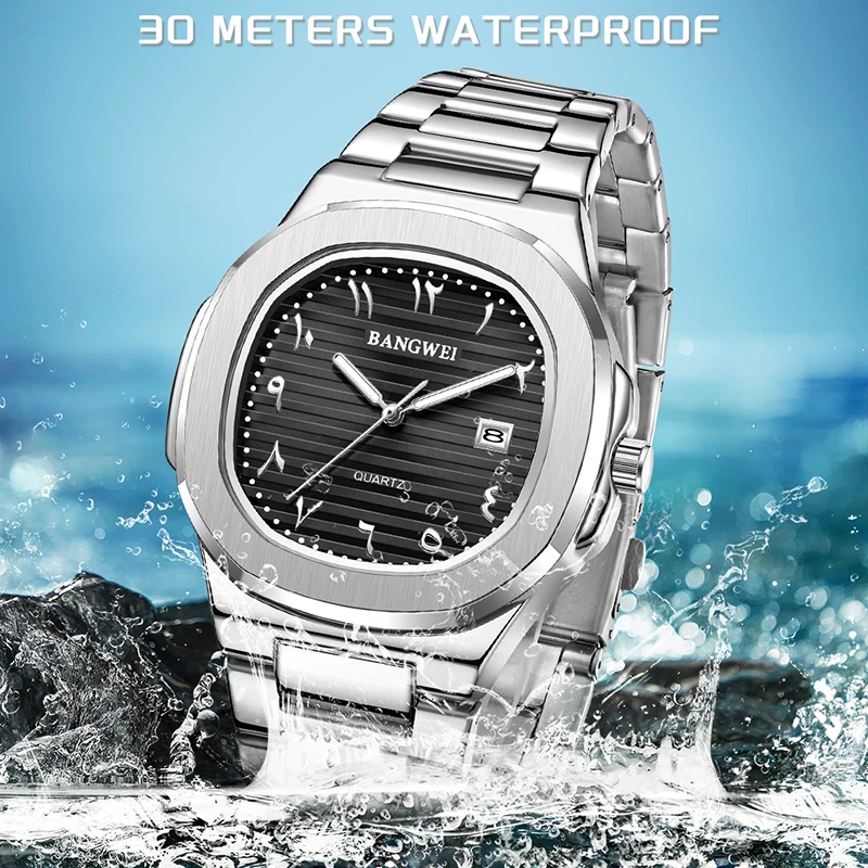방웨이 남성용 고급 방수 사각 야광 날짜 스테인리스 스틸 캐주얼 쿼츠 시계 남성 시계 렐로즈 옴브레