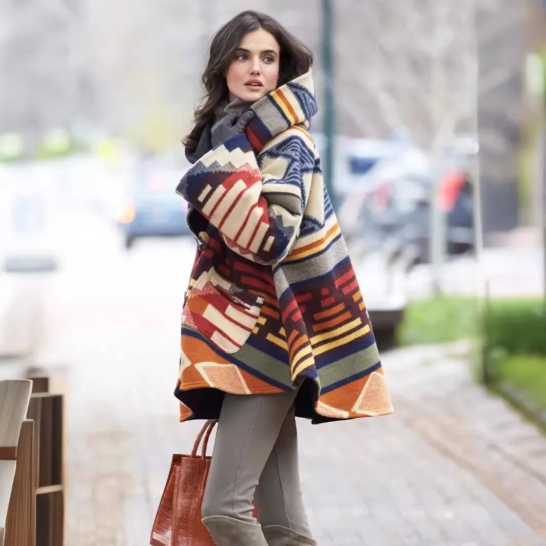 2025 New Autumn and Winter Women's Fashion Loose Long-sleeved Hooded Jacket Printed Dragon and Phoenix Wool Coat