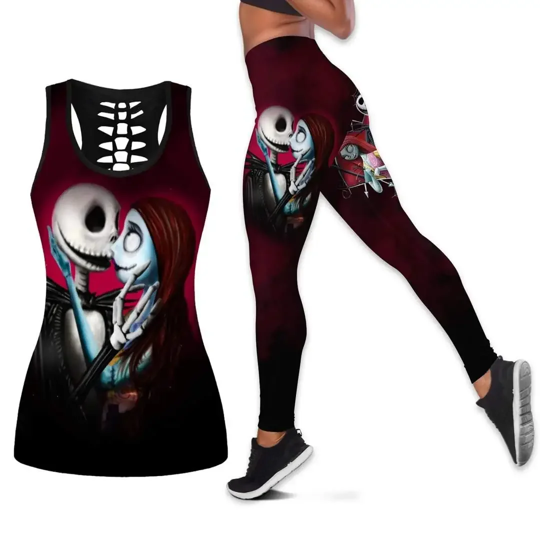 

Jack Skellington and Sally Women's Hollow Vest + Leggings Yoga Suit Fitness Leggings Sports Suit Disney Tank Top Legging Outfit