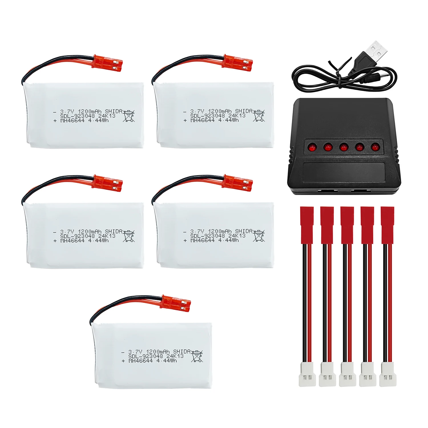 5PCS 3.7V 1200mAh 30C JST Plug Lipo Battery With 5-in-1 Charger for MJX T04 T05 T25 X900 X9TW V2400HD V2450FPV V2450GPS RC Drone