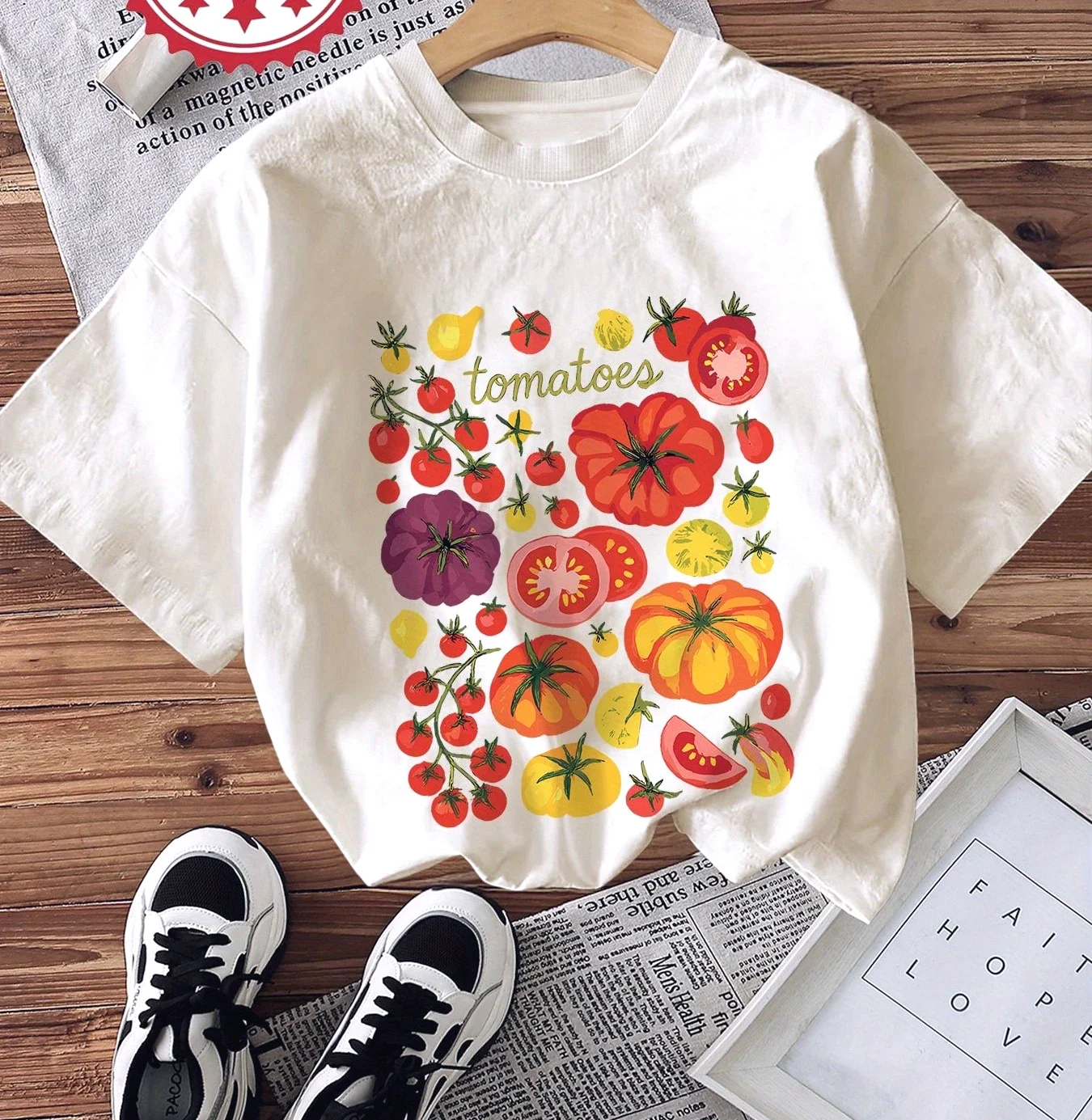 Camiseta manchescourtescol rond femmedécontraé imprimé gráfico Vibrant tomate végétal confort d'étéStyle frais vêtements pour