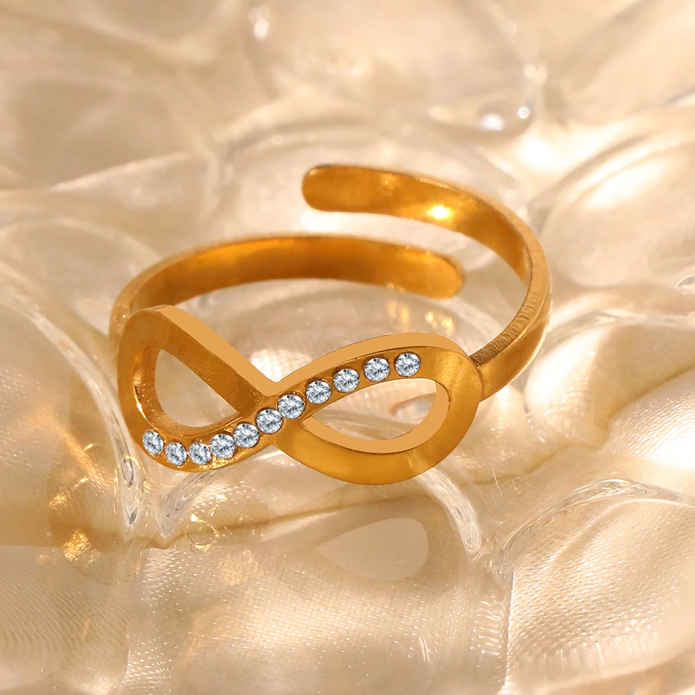 DGIDDK Stainless Steel Infinity Symbol Diamond-Studded Open Ring Couples' Simple And Fashionable Adjustable Finger Jewelry Gift