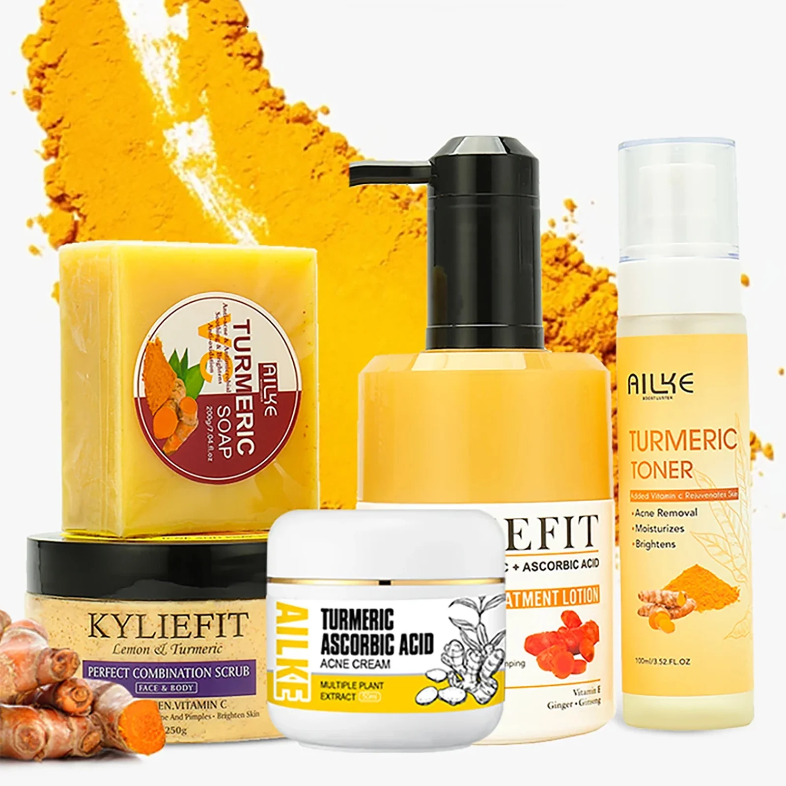 AILKE Turmeric Set, Whiten, Even Skin Tone, Hydrate, Removes Dark Spots, Lifts Dull Skin, Oil Control, Moisturize, Youthful Skin