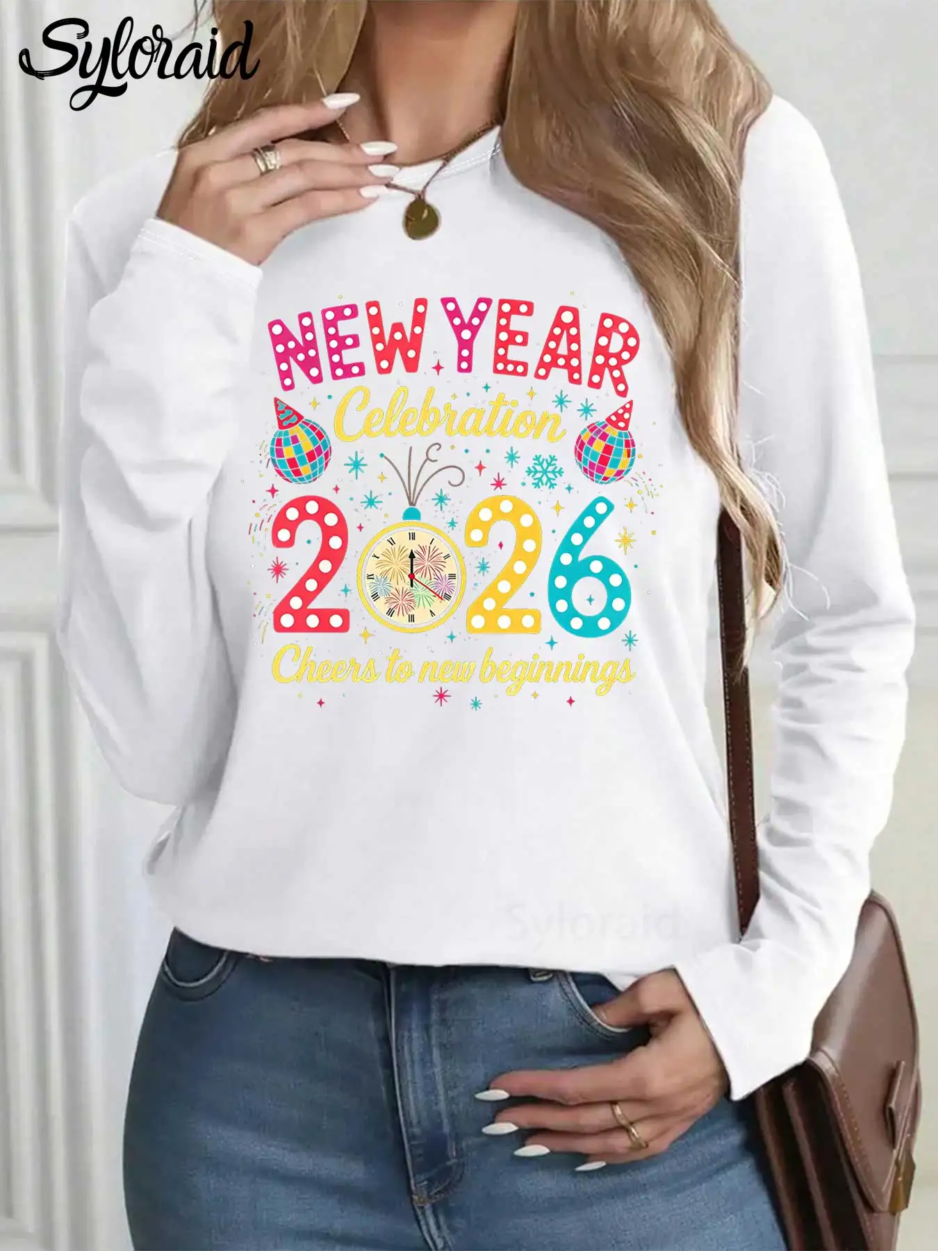 

Women's Long Sleeve T Shirt Happy New Year 2026 Clock Party Print T Shirt Fashion Round Neck Casual Top