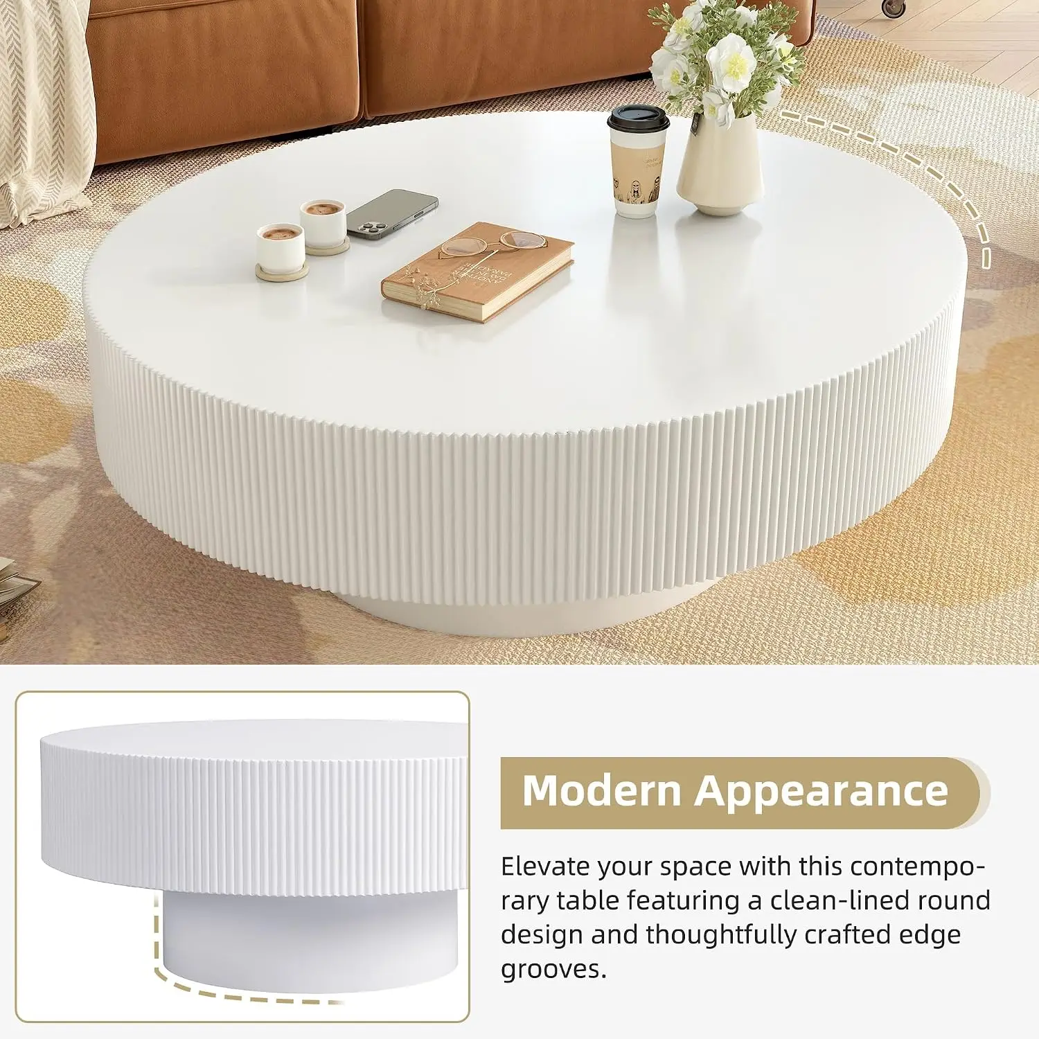 Modern Round Coffee Table With Sturdy Circular Base, Wood Center Table For Living Room Reception Room Office, Easy Assembly Circular Accent Furniture Piece, White