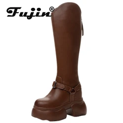 Fujin 12cm microfibra vera pelle piattaforma zeppa stivali da donna caviglia primavera ginocchio alta moda autunno stivali britannici scarpe con cerniera