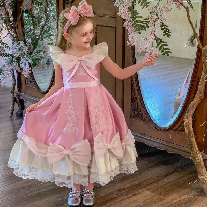 Ins Handmade Boutique Flower Girls Pink Embroidered Quality Princess Dress Cinderella Birthday Party Wedding Dress Couture Dress