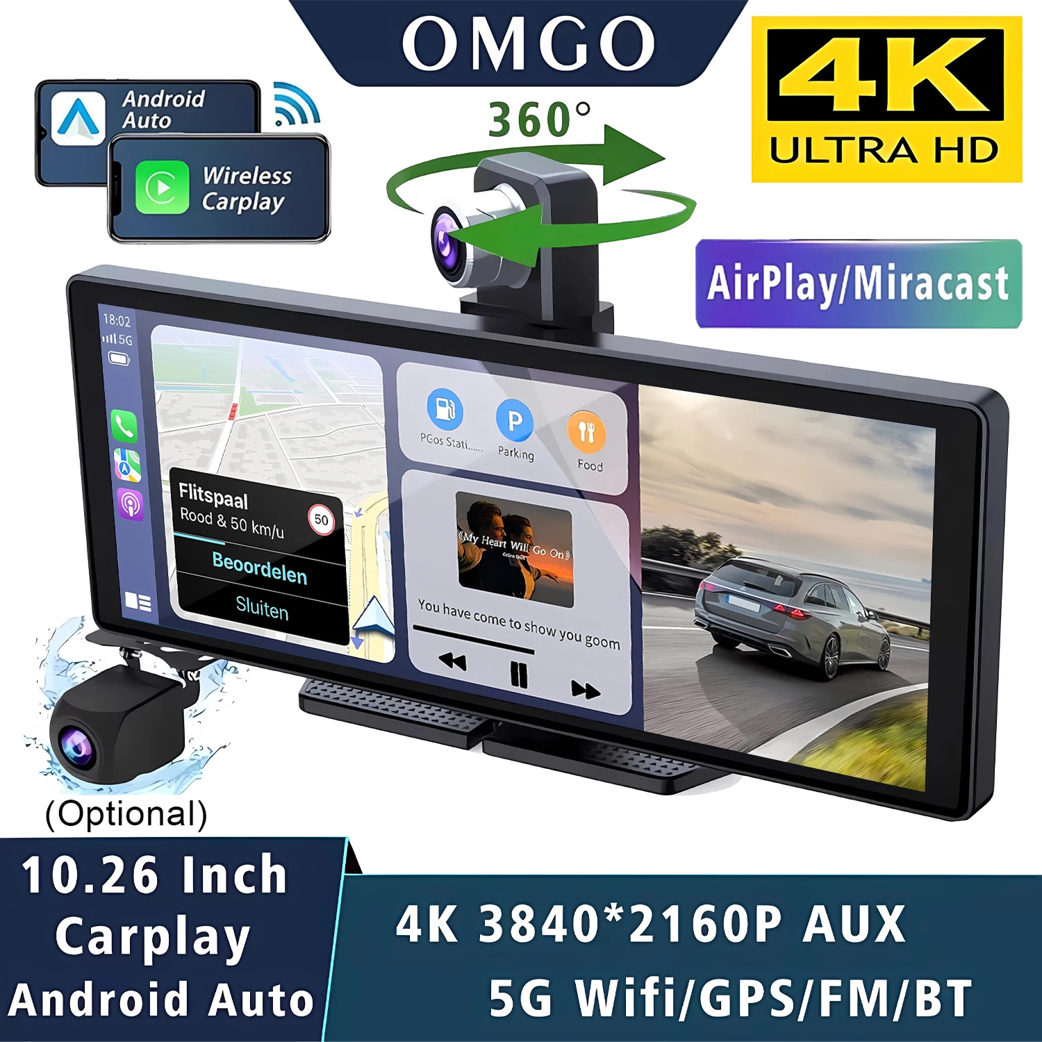

10,26-дюймовый автомобильный видеорегистратор 4K 3840*2160P с Carplay, Android Auto, GPS, 5G Wi-Fi, FM, BT, двухкамерный видеорегистратор для грузовиков, камера для записи вождения