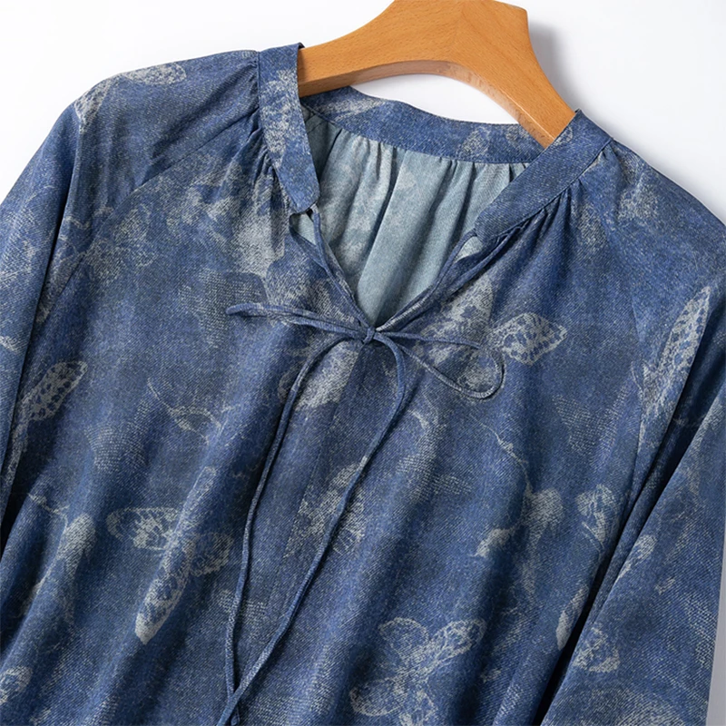 Women Silk Blouse 100% Mulberry Crepe Silk Denim Blue Butterfly V Neck Pullover Top Shirt Office Lady M1208