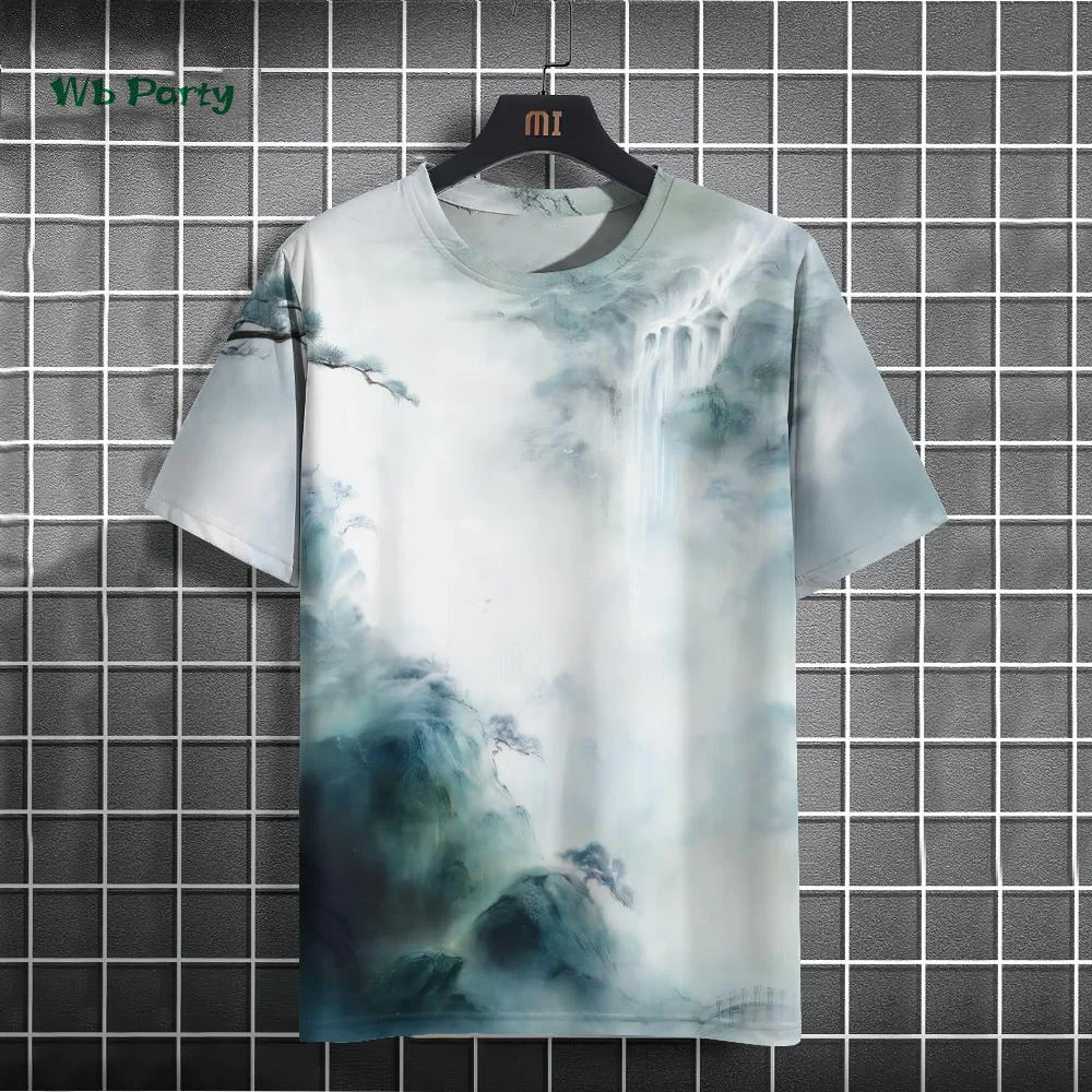 Fashionable Men's T-Shirt with Ink Painting Print Short-Sleeved T-Shirt Oversized Casual Top Summer Men's Daily Outdoor Clothing