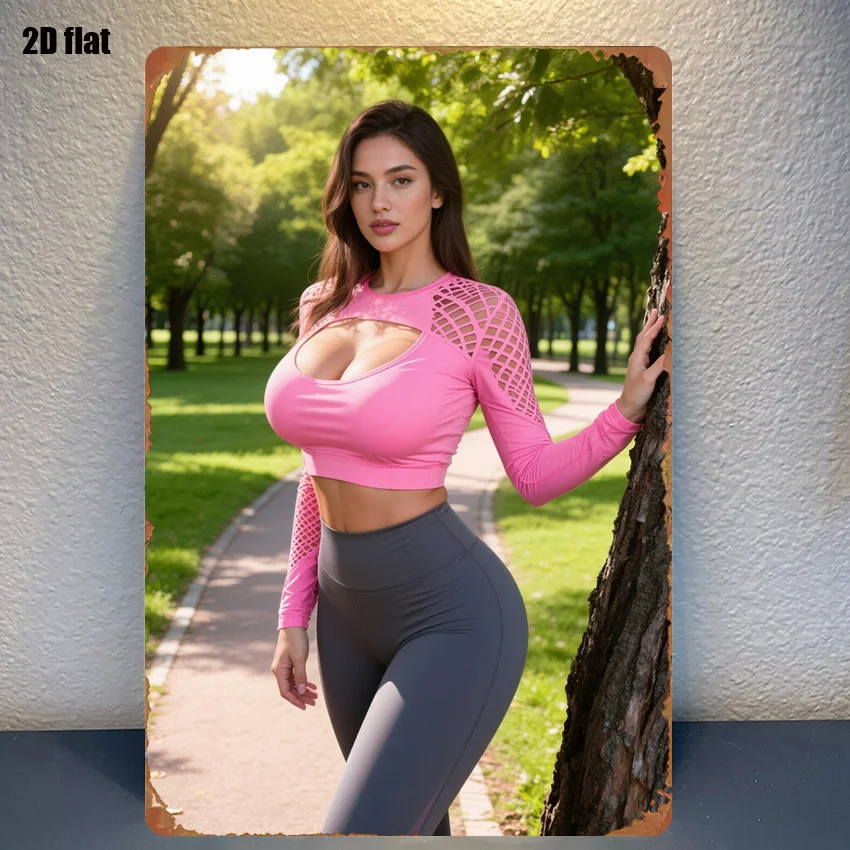 Vintage Metal Tin Sign, Fitness Woman In Pink Mesh Long Sleeve Crop Top Grey Leggings Park Path Retro Wall Decor for Garage