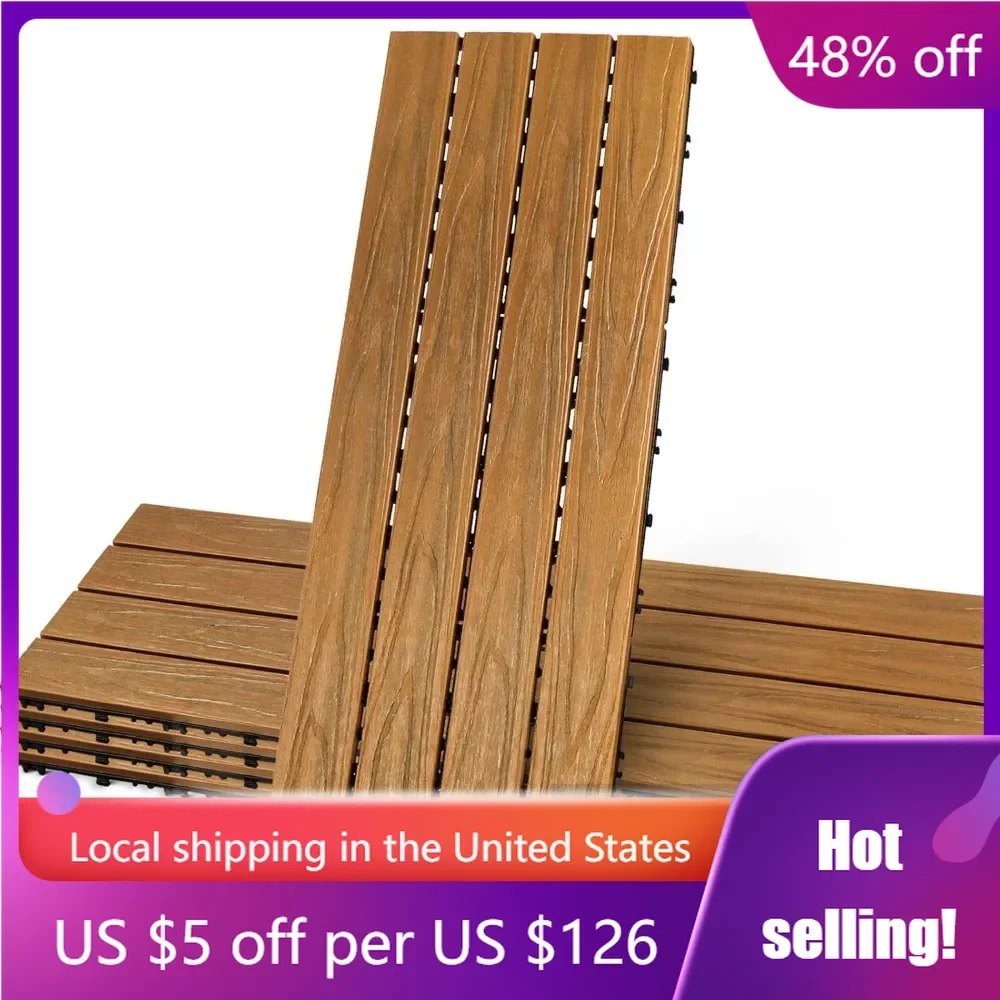 

Wood Composite Interlocking Floor Deck Tiles 5Pcs, 15 sq. Ft Indoor Outdoor Use 12"x36", Great Upgrade to Patio Backyard Pathway