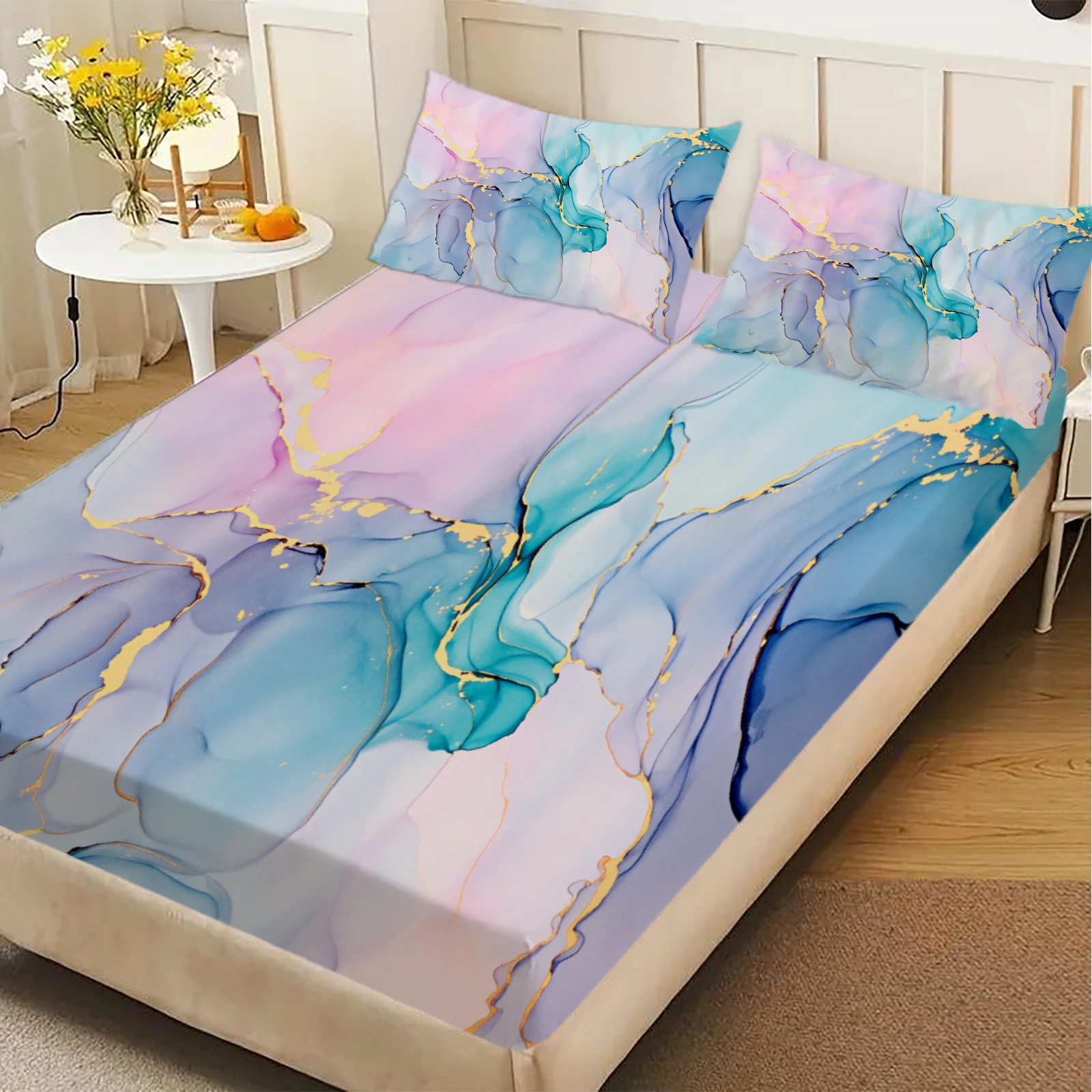 Abstract Art Fitted Sheet Set Blue Pink Purple Gold Marble Pattern Bedding With Pillowcases For Bedroom
