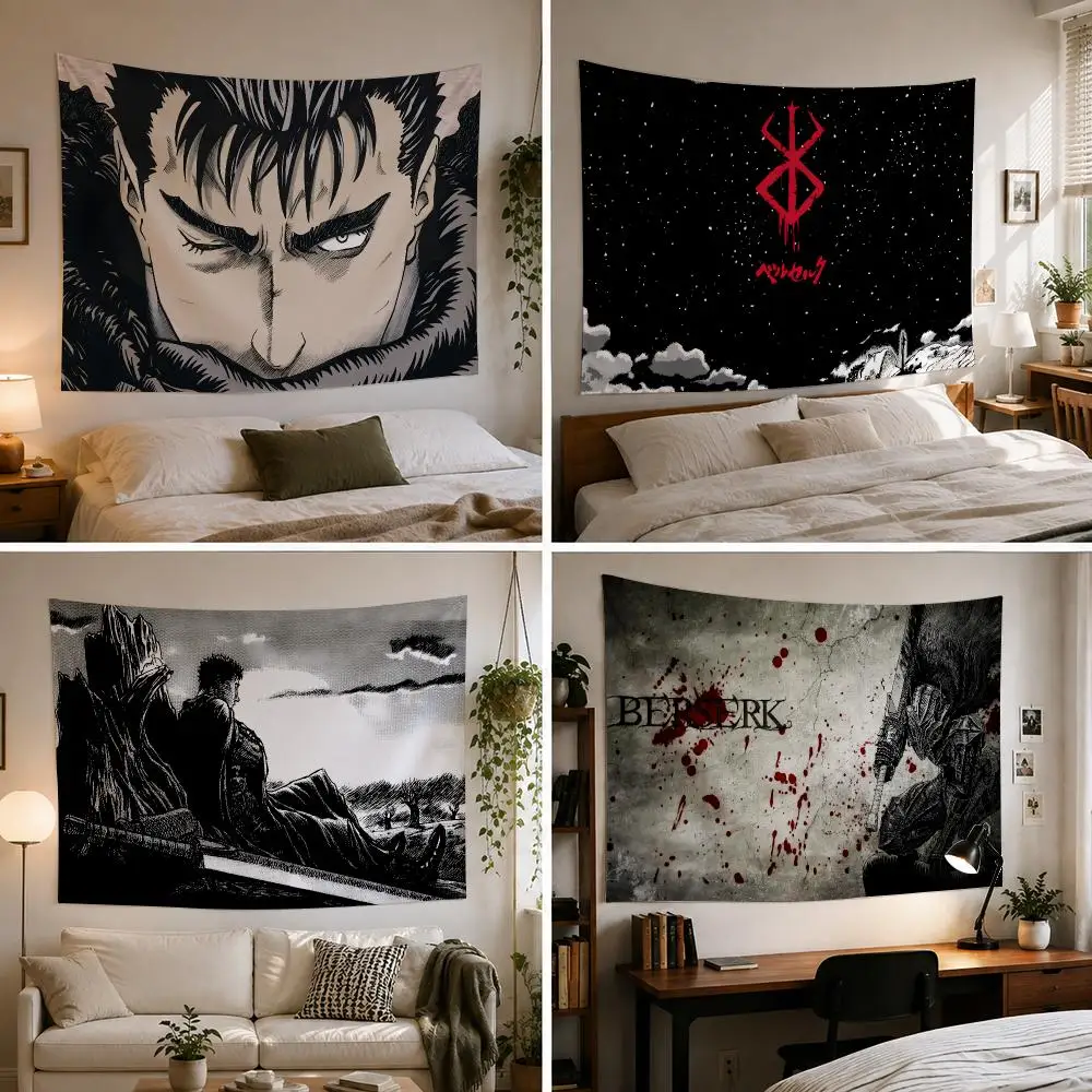 Cool Anime Black B-Berserk Logo Tapestry Bedroom Living Room Bar Party House Home Dorm Interior Wall Decor Background Banner