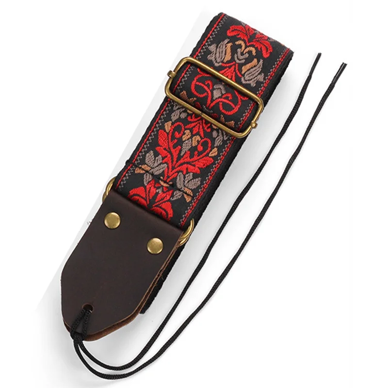 Guitar Ukulele Strap Embroidered Guitar Strap Leather Head Bass Shoulder Strap Electric Guitar Accessories(Black)