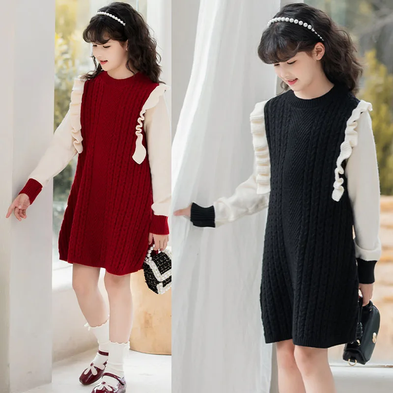 

Winter Sweater Dress For Girls Fall New 2025 Little Girl Holiday Dresses Knitted Red Black Sweaters Long Sleeve Teens Clothing