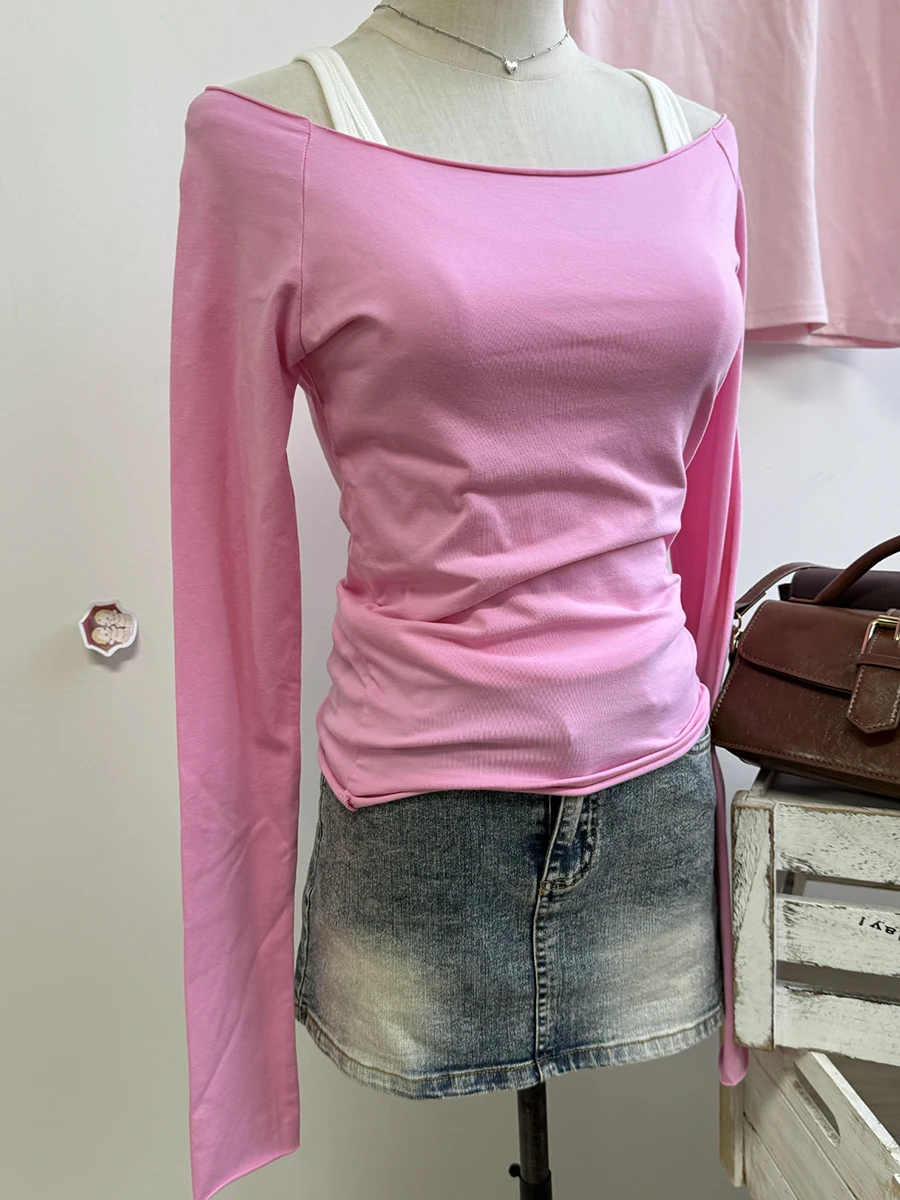 Rose Pink Raw Hem Long Sleeve Tees Women Autumn New Casual Cotton Slim Scoop Neck Crop Tops Femme Sweet Vintage Cute T-shirts