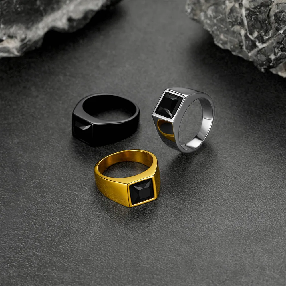 U7 Stainless Steel Unisex Signet Ring Square Black Stone Gemstone Charm Size 7-14 Club Union Lovers Couple Jewelry