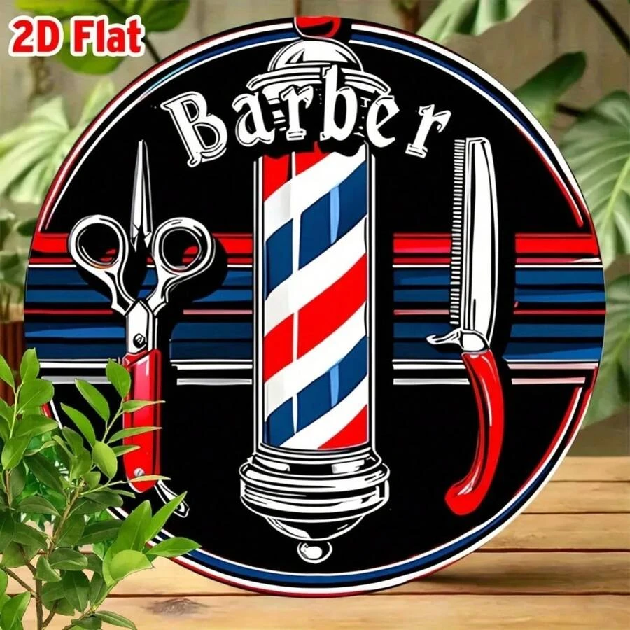 2D Flat Retro Barber Shop Wooden Sign, - Red White Blue 3 Columns, Scissors And Comb Pattern, Suitable for Bar Cafe Decor