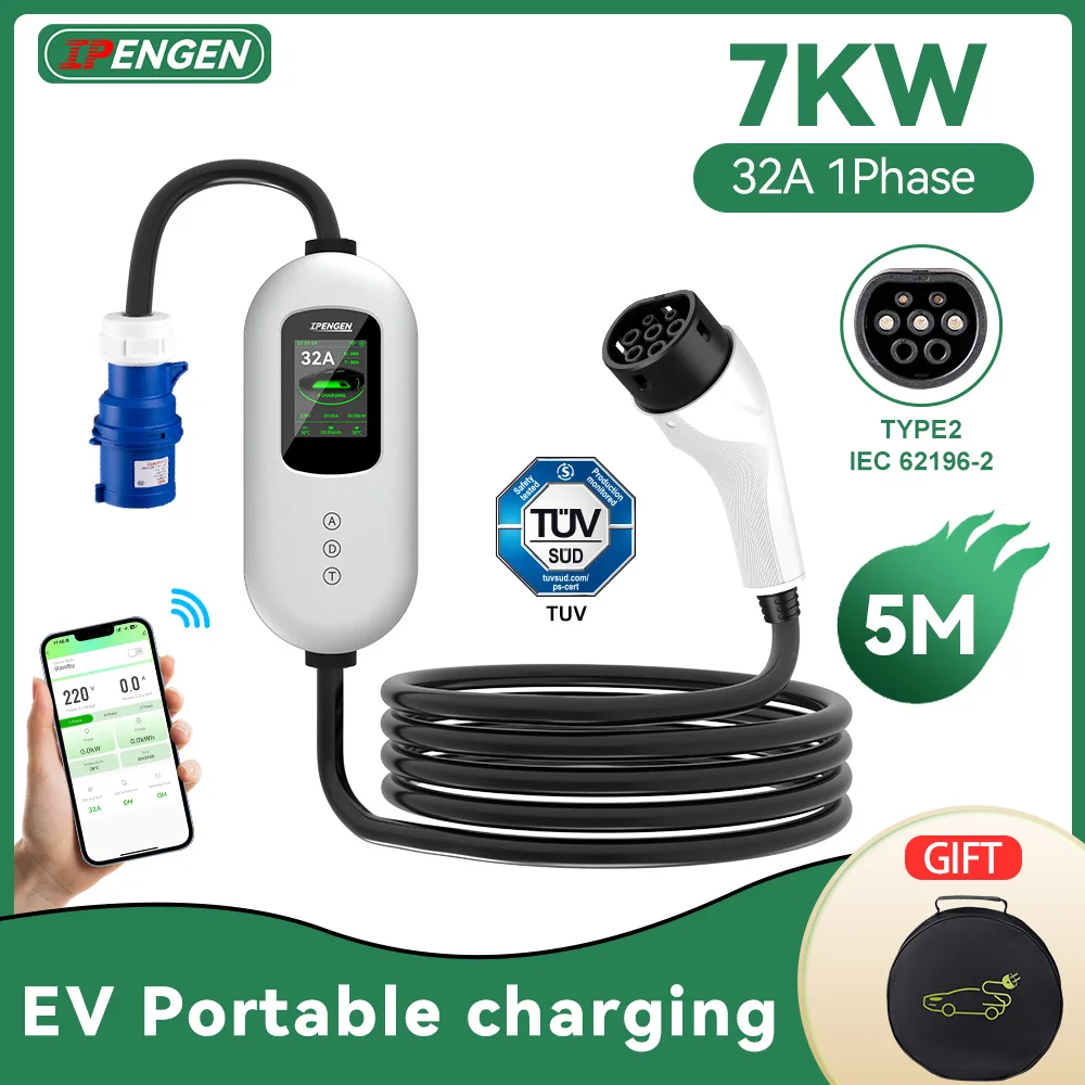 IPENGEN Type2 7KW EV Charger Portable 5M Cable Electric Vehicle Charger With APP Control Adjustable Current EVSE Charging Cable