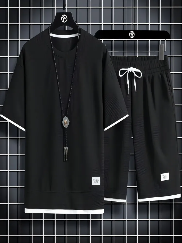2023 New Summer Men's Fashion Fashion Fashion Brand Casual Sports Set Round Neck Loose Short sleeved Shorts Waffle Two Piece Set