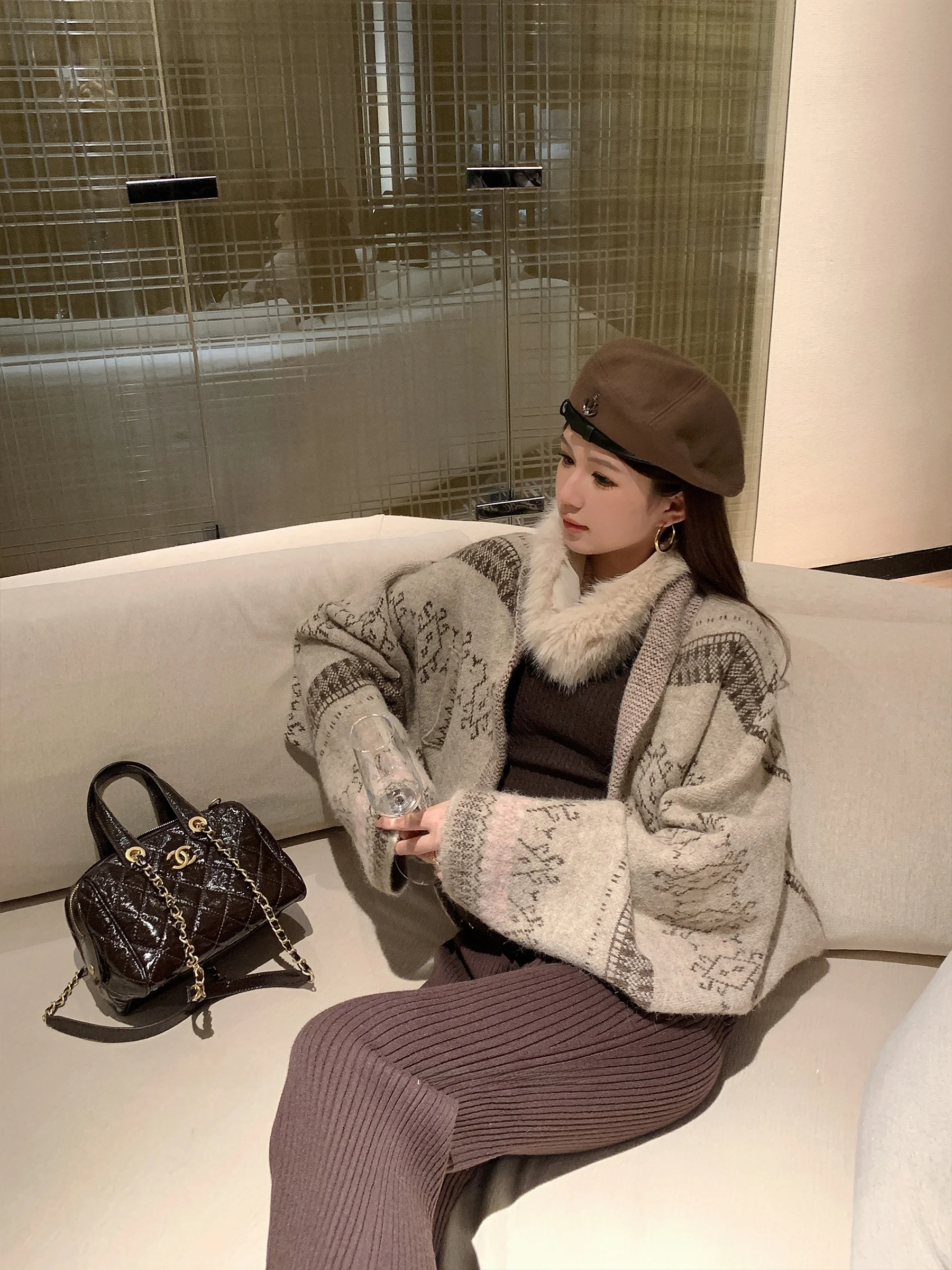 

Sam Seoi Vintage Sle Open Cardigan Sweater with Detachable Wool Collar oulder Wrap Loose Fit Women's Knitted Woolen Coat