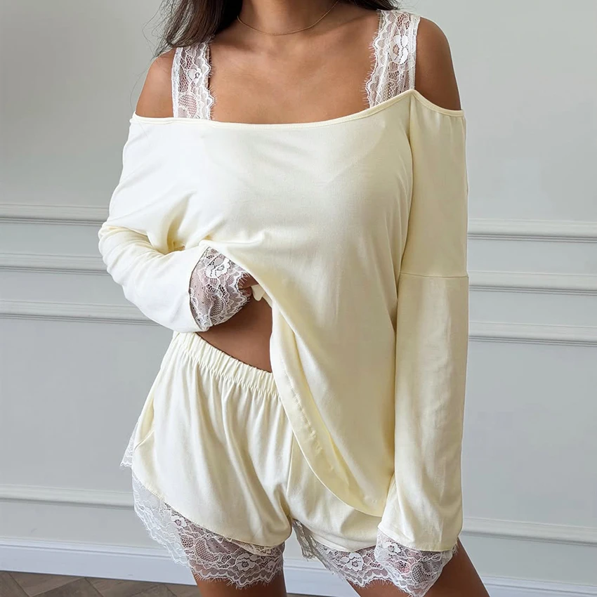 HiLoc Apricot Fashion Knit Elastic Ladies Pajamas 2 Piece Lace Sling Off-The-Shoulder Long-Sleeved Top Lace Elastic Waist Shorts