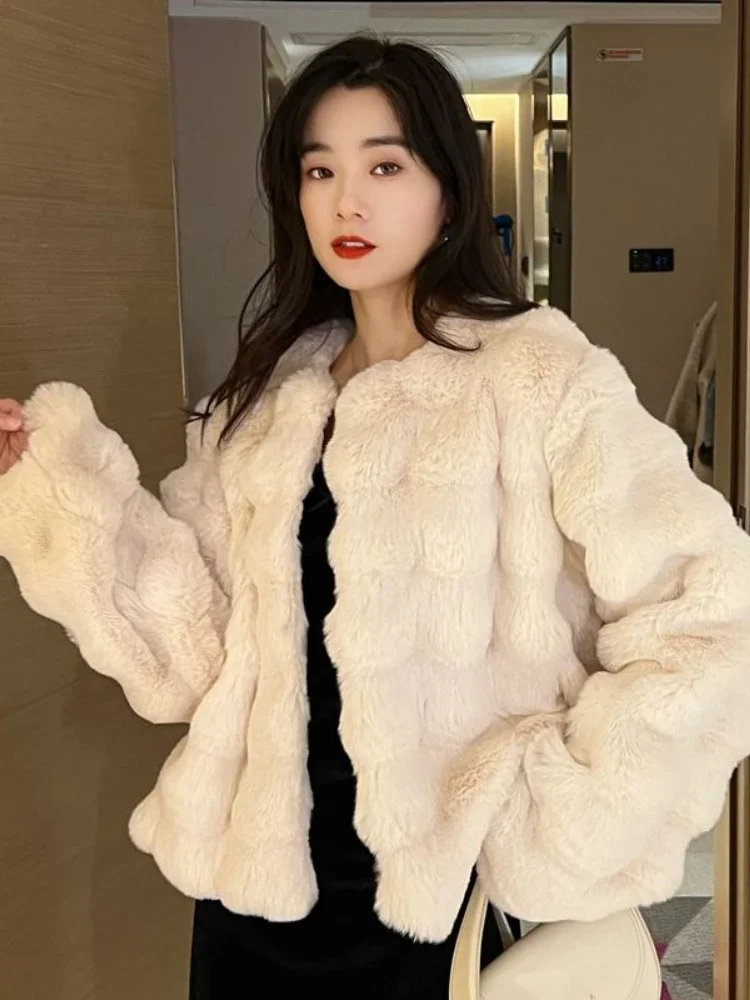 2024 Winter Fashion New Women's Elegant Simulated Rabbit Hair Loose Thick Temperament Short Round Neck Long Sleeve Jacket