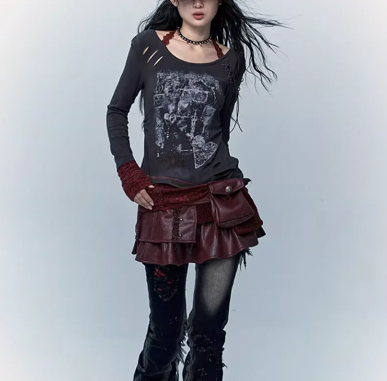 Spring Autumn Retro Court Punk Fake Two-piece Splicing Leather A-line Skirt Fashion Age Reduction Personality Christmas Skirts