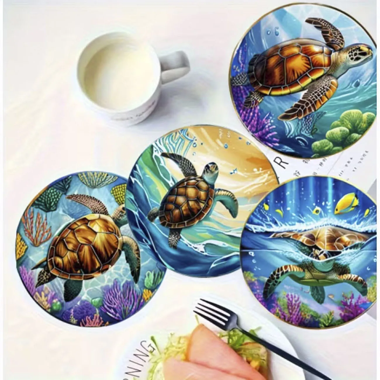 8-piece turtle themed wooden coaster set, round and durable composite wooden coaster for desktop protection