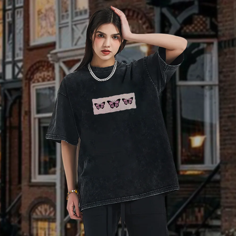 

Vintage Washed Butterfly Print T - Shirt Trendy Loose Street Style Unique Pink Patch Crew Neck Short Sleeve Top