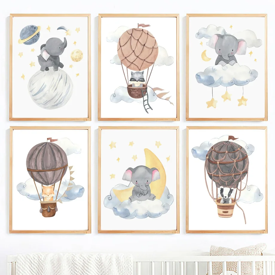 Watercolor Nursery Wall Art Prints Cute Elephant Animal Hot Air Balloon Canvas Painting Moon Planet Poster Kids Bedroom Decor