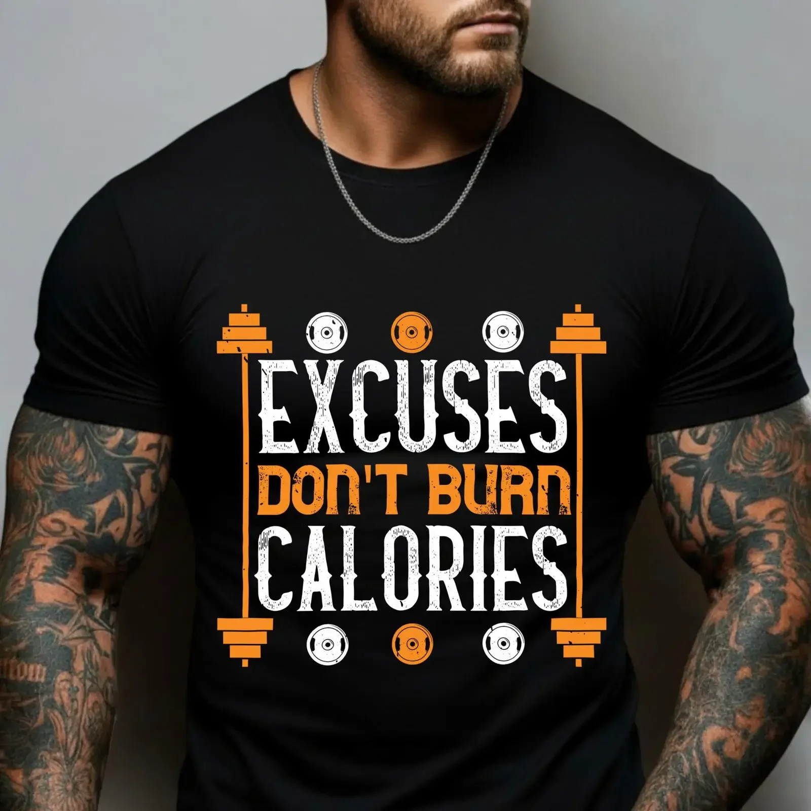 Excuses Don't Burn Calories Men's T shirt Motivational Gym Barbell Pattern Inspirational Bodybuilding Workout Casual Top